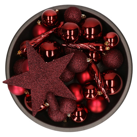 33x pcs plastic christmas baubles with startopper dark red 5-6-8 cm 
