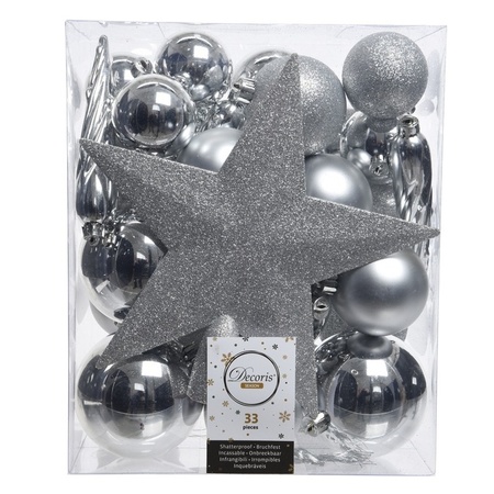 33x stuks kunststof kerstballen met ster piek zilver 5-6-8 cm mix