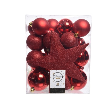 33x stuks kunststof kerstballen rood met ster piek 5-6-8 cm mix