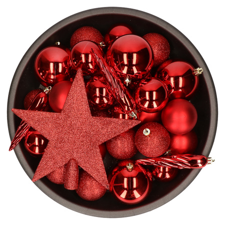 33x pcs plastic christmas baubles with startopper red 5-6-8 cm mix