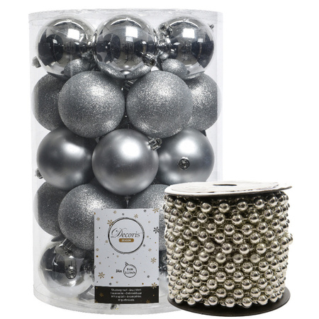 34x stuks kunststof kerstballen 8 cm inclusief kralenslinger zilver