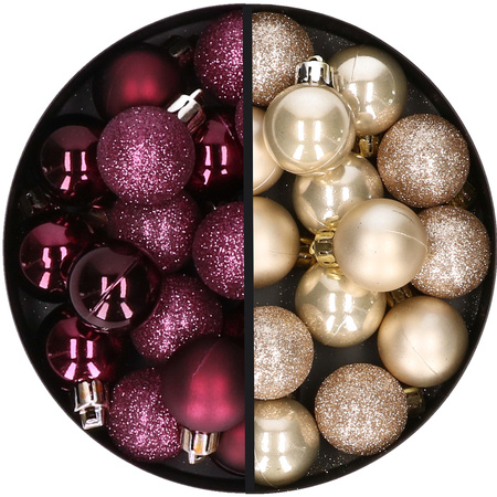 34x stuks kunststof kerstballen aubergine paars en champagne 3 cm