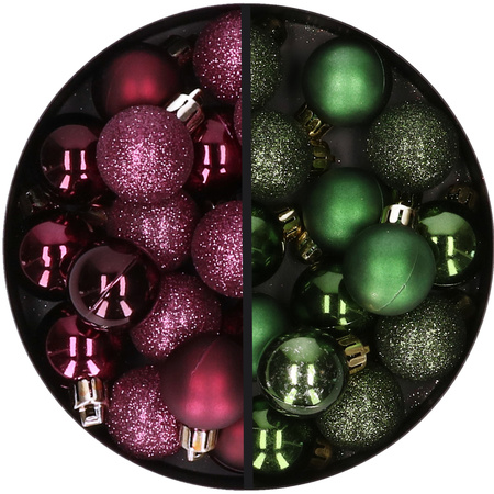 34x stuks kunststof kerstballen aubergine paars en donkergroen 3 cm