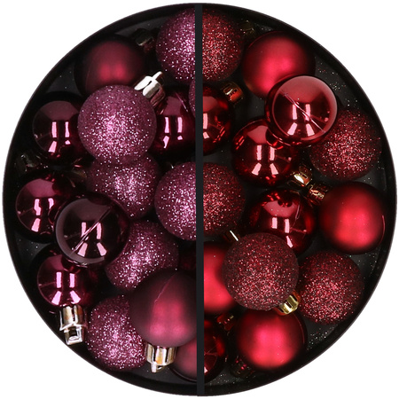 34x stuks kunststof kerstballen aubergine paars en donkerrood 3 cm