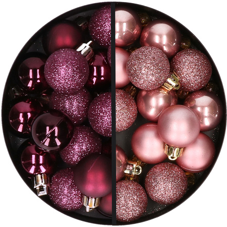 34x stuks kunststof kerstballen aubergine paars en oudroze 3 cm