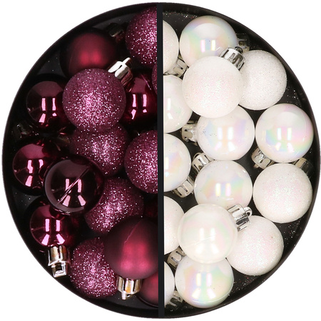 34x pcs plastic christmas baubles pearl white and eggplant purple 3 cm