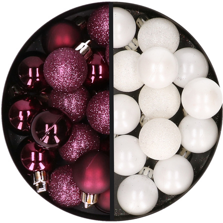 34x stuks kunststof kerstballen aubergine paars en wit 3 cm