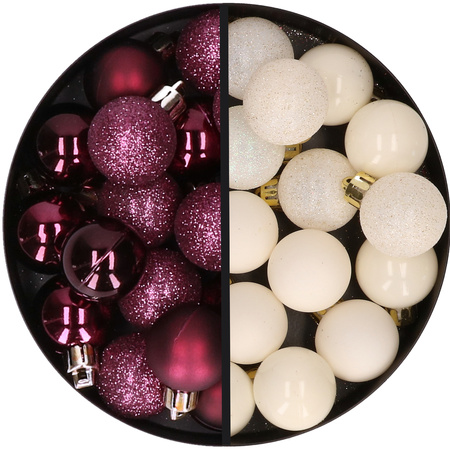 34x stuks kunststof kerstballen aubergine paars en wolwit 3 cm