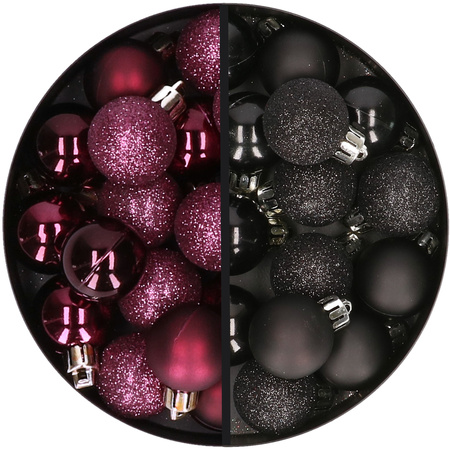 34x stuks kunststof kerstballen aubergine paars en zwart 3 cm