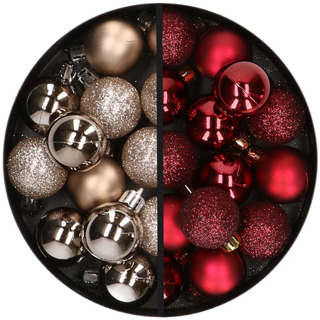 34x pcs plastic christmas baubles dark red and champagne 3 cm
