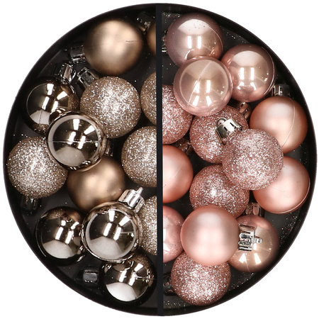 34x pcs plastic christmas baubles light pink and champagne 3 cm