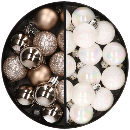 34x pcs plastic christmas baubles pearl white and champagne 3 cm