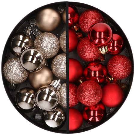 34x stuks kunststof kerstballen champagne en rood 3 cm