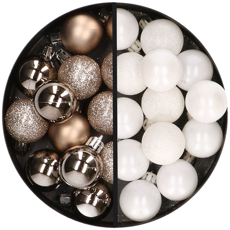 34x pcs plastic christmas baubles white and champagne 3 cm