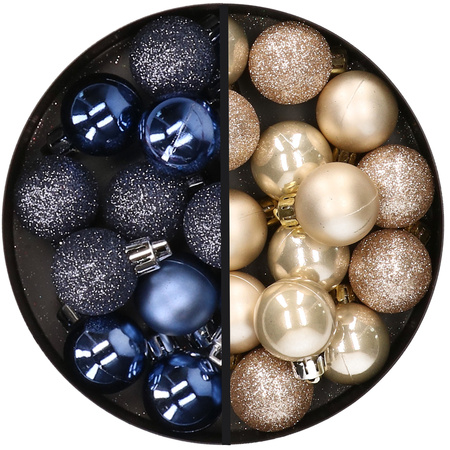 34x stuks kunststof kerstballen donkerblauw en champagne 3 cm