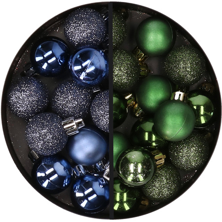 34x stuks kunststof kerstballen donkerblauw en donkergroen 3 cm