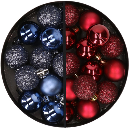 34x stuks kunststof kerstballen donkerblauw en donkerrood 3 cm