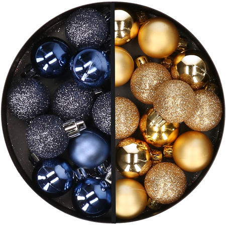 34x pcs plastic christmas baubles dark blue and gold 3 cm