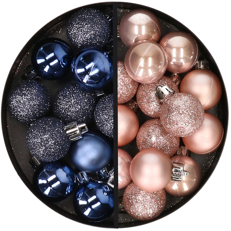 34x stuks kunststof kerstballen donkerblauw en lichtroze 3 cm