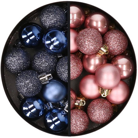 34x stuks kunststof kerstballen donkerblauw en oudroze 3 cm
