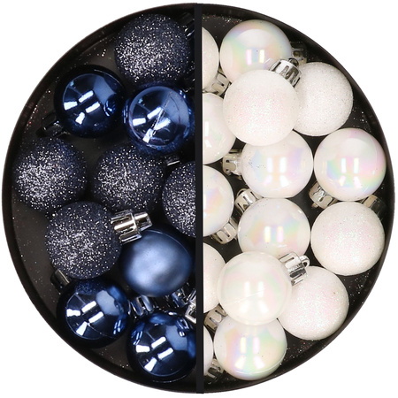 34x stuks kunststof kerstballen donkerblauw en parelmoer wit 3 cm