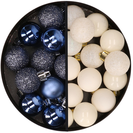 34x stuks kunststof kerstballen donkerblauw en wolwit 3 cm