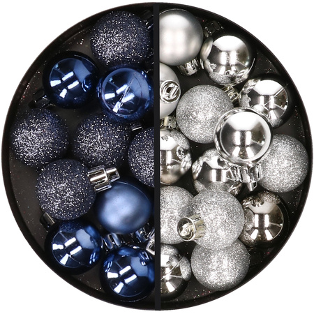 34x pcs plastic christmas baubles dark blue and silver 3 cm