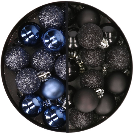 34x stuks kunststof kerstballen donkerblauw en zwart 3 cm