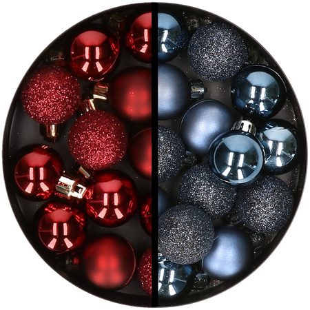 34x stuks kunststof kerstballen donkerrood en donkerblauw 3 cm