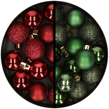 34x stuks kunststof kerstballen donkerrood en donkergroen 3 cm
