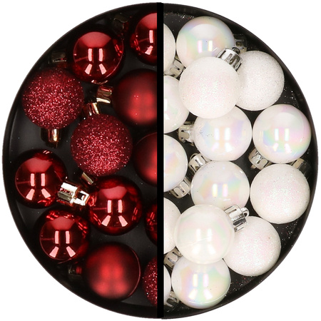 34x pcs plastic christmas baubles dark red and pearl white 3 cm