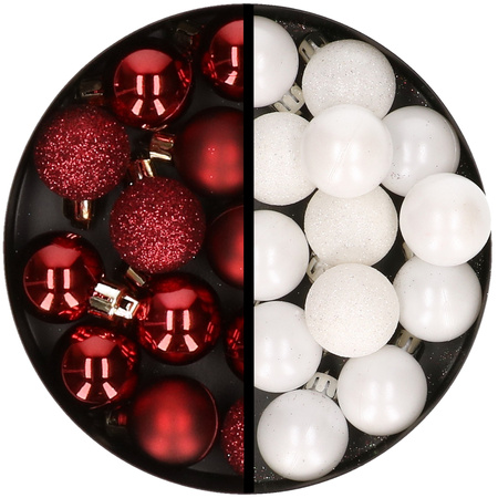34x stuks kunststof kerstballen donkerrood en wit 3 cm