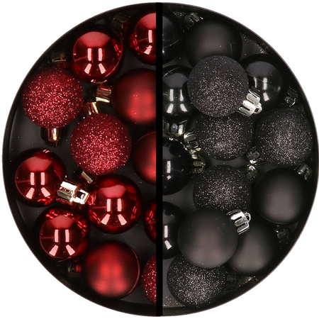 34x stuks kunststof kerstballen donkerrood en zwart 3 cm