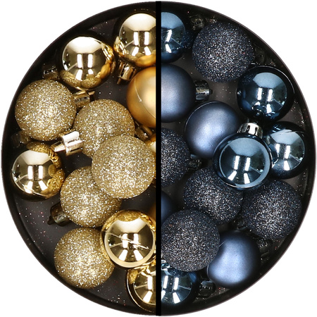 34x stuks kunststof kerstballen goud en donkerblauw 3 cm