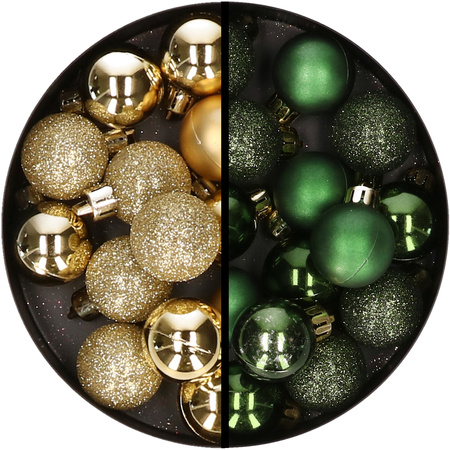 34x stuks kunststof kerstballen goud en donkergroen 3 cm