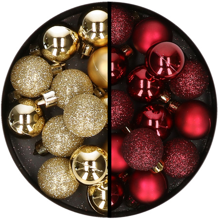 34x stuks kunststof kerstballen goud en donkerrood 3 cm