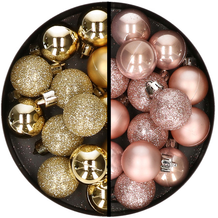 34x stuks kunststof kerstballen goud en lichtroze 3 cm