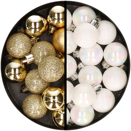 34x pcs plastic christmas baubles gold and pearl white 3 cm