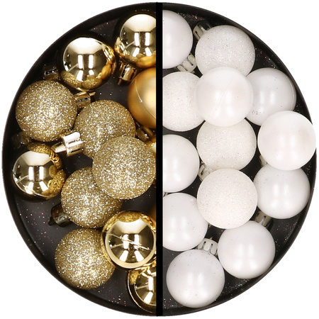 34x stuks kunststof kerstballen goud en wit 3 cm