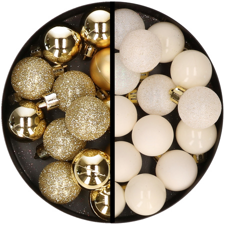 34x stuks kunststof kerstballen goud en wolwit 3 cm