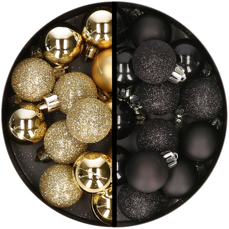 34x pcs plastic christmas baubles gold and black 3 cm