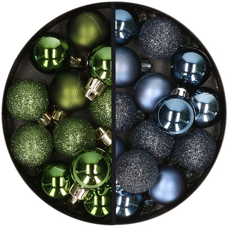 34x pcs plastic christmas baubles green and dark blue 3 cm
