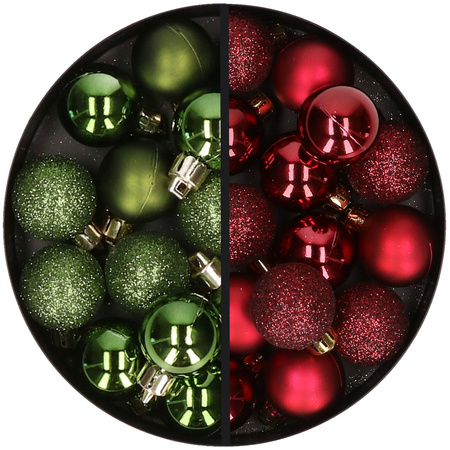 34x stuks kunststof kerstballen groen en donkerrood 3 cm