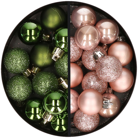 34x pcs plastic christmas baubles green and light pink 3 cm