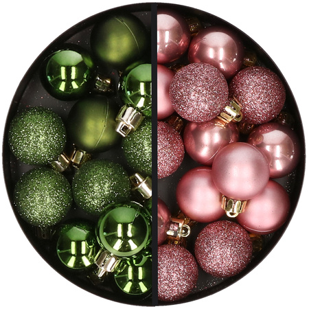 34x pcs plastic christmas baubles green and velvet pink 3 cm