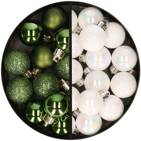 34x pcs plastic christmas baubles green and pearl white 3 cm
