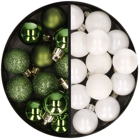 34x pcs plastic christmas baubles green and white 3 cm