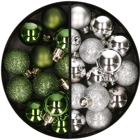 34x pcs plastic christmas baubles green and silver 3 cm