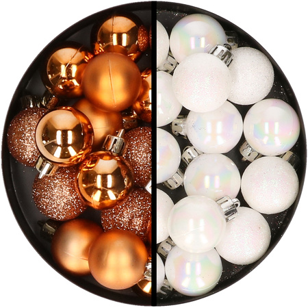 34x stuks kunststof kerstballen koper en parelmoer wit 3 cm
