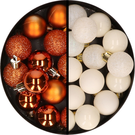 34x stuks kunststof kerstballen oranje en gebroken wit 3 cm